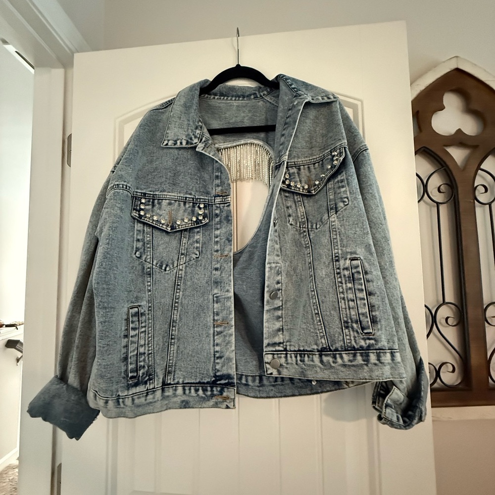 Boutique Denim Jacket with Studded and Rhinestone Heart Fringe Details